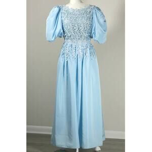 Vintage Victor Costa for Neiman-Marcus 1980s Blue Puff Sleeve Lace Party Dress